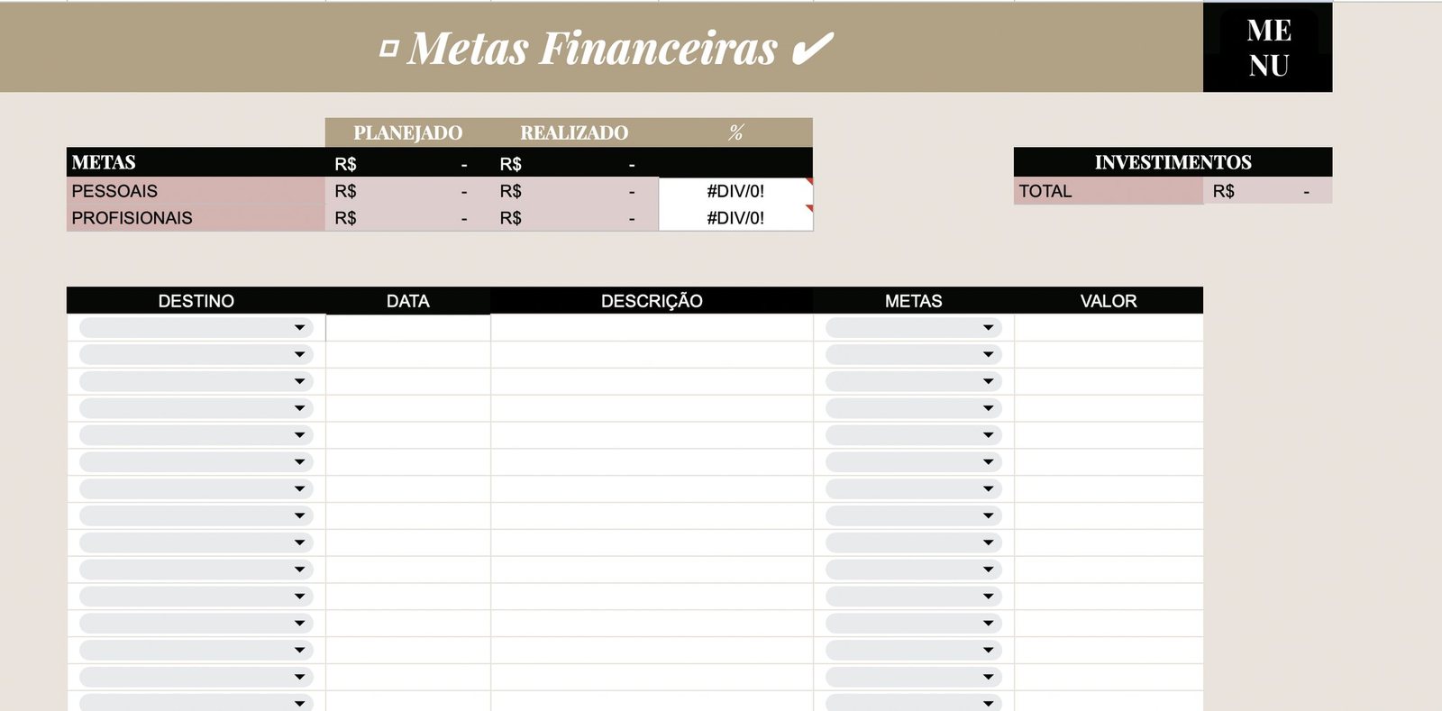 Planilha Metas Financeiras